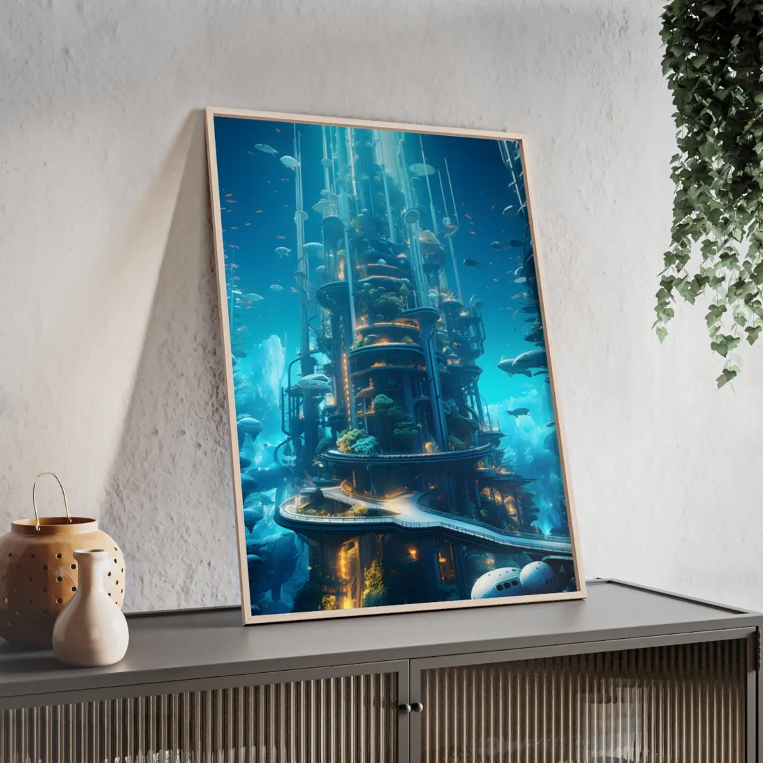 Submerged Metropolis: A Futuristic Underwater Cityscape - Digital Art - Framed Poster