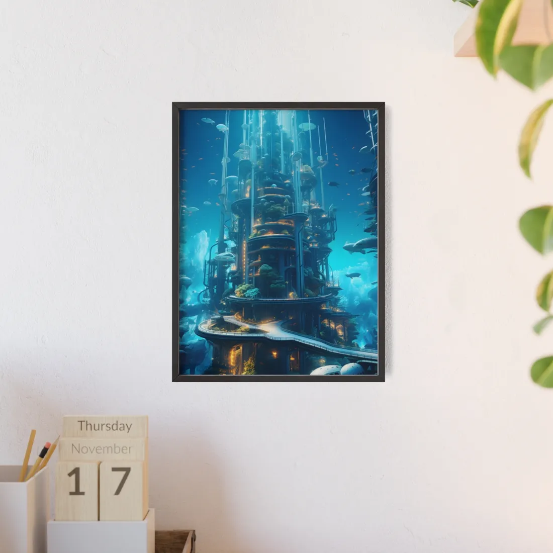 Submerged Metropolis: A Futuristic Underwater Cityscape - Digital Art - Framed Poster