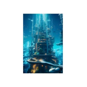Underwater City Tower Glowing Amber Metal Poster