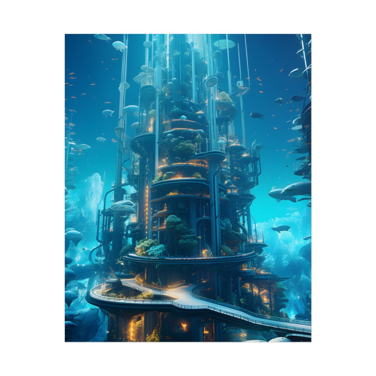 Submerged Metropolis: A Futuristic Underwater Cityscape - Digital Art - Poster