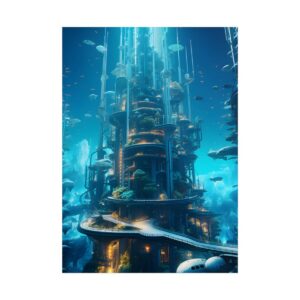 Underwater City Tower Glowing Amber Poster