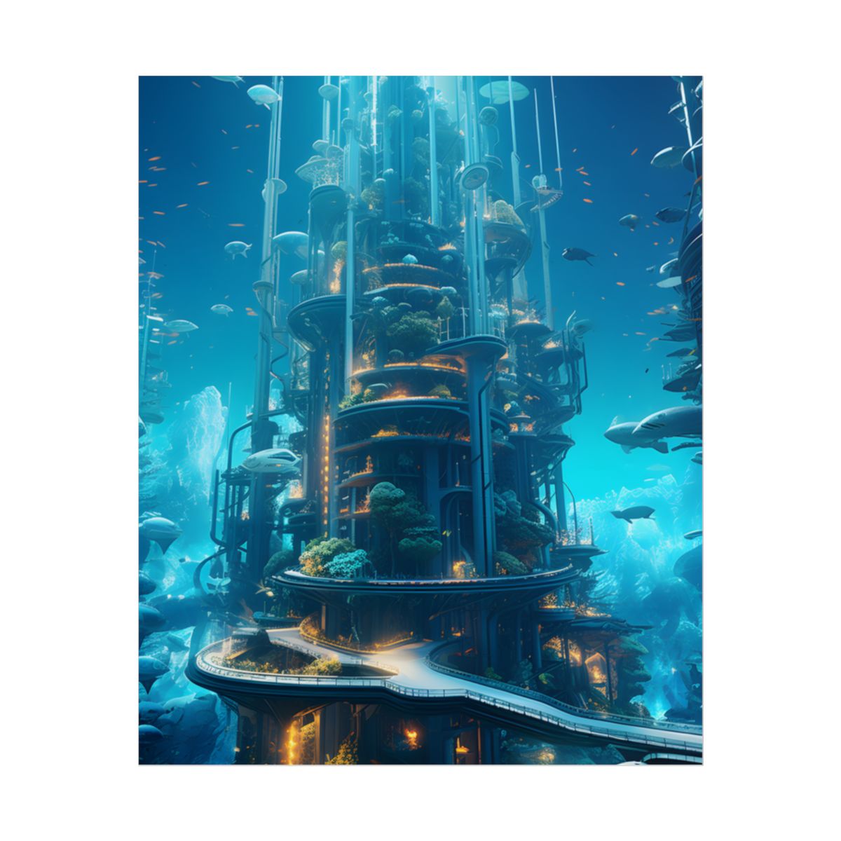 Submerged Metropolis: A Futuristic Underwater Cityscape - Digital Art - Poster