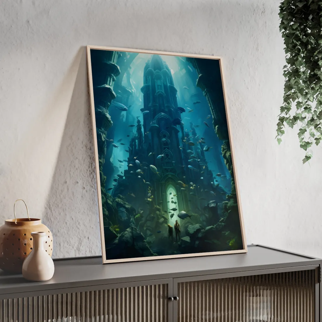 Sunken Ancient City: Underwater Ruins Digital Art - Framed Poster