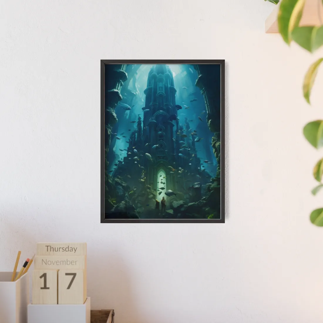 Sunken Ancient City: Underwater Ruins Digital Art - Framed Poster