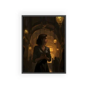 Woman in Lantern-Lit Street Framed Poster