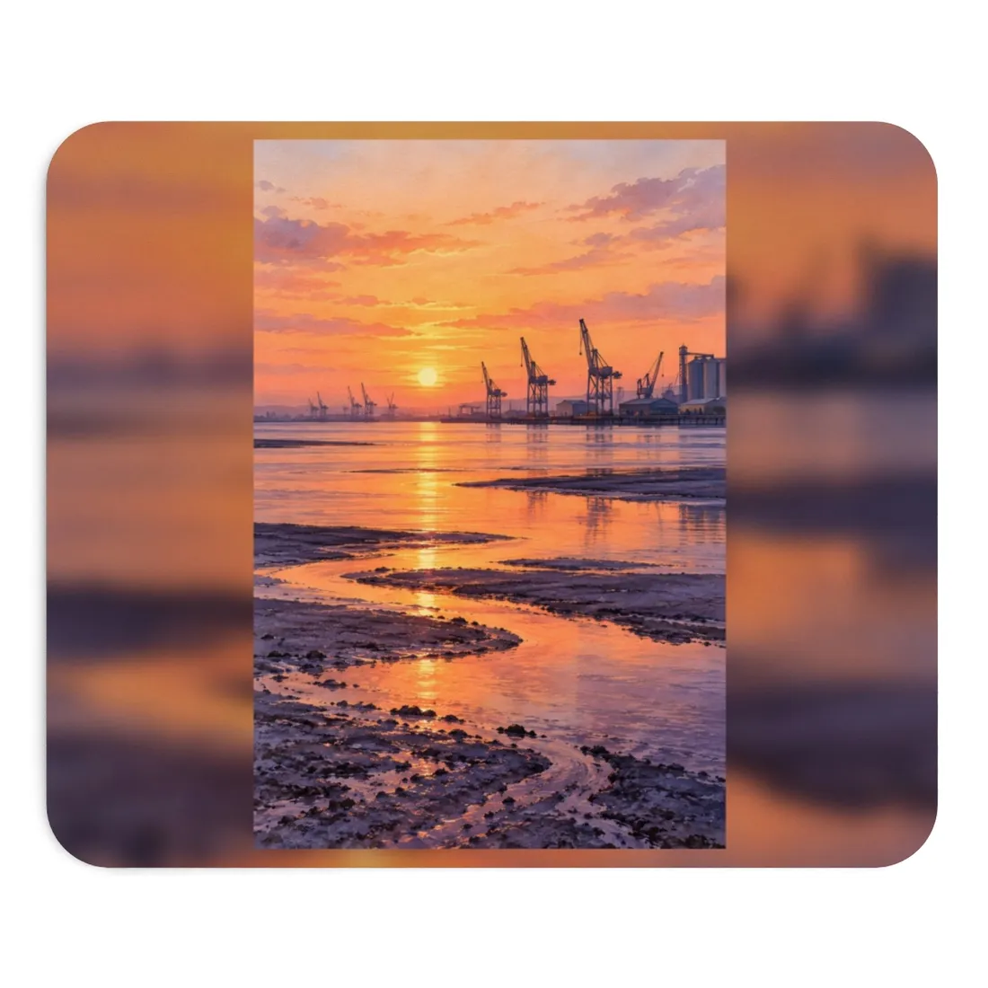 Harbor cranes and silos silhouetted against an orange sunset over reflective tidal flats and winding wate – Mouse Pad, view 1