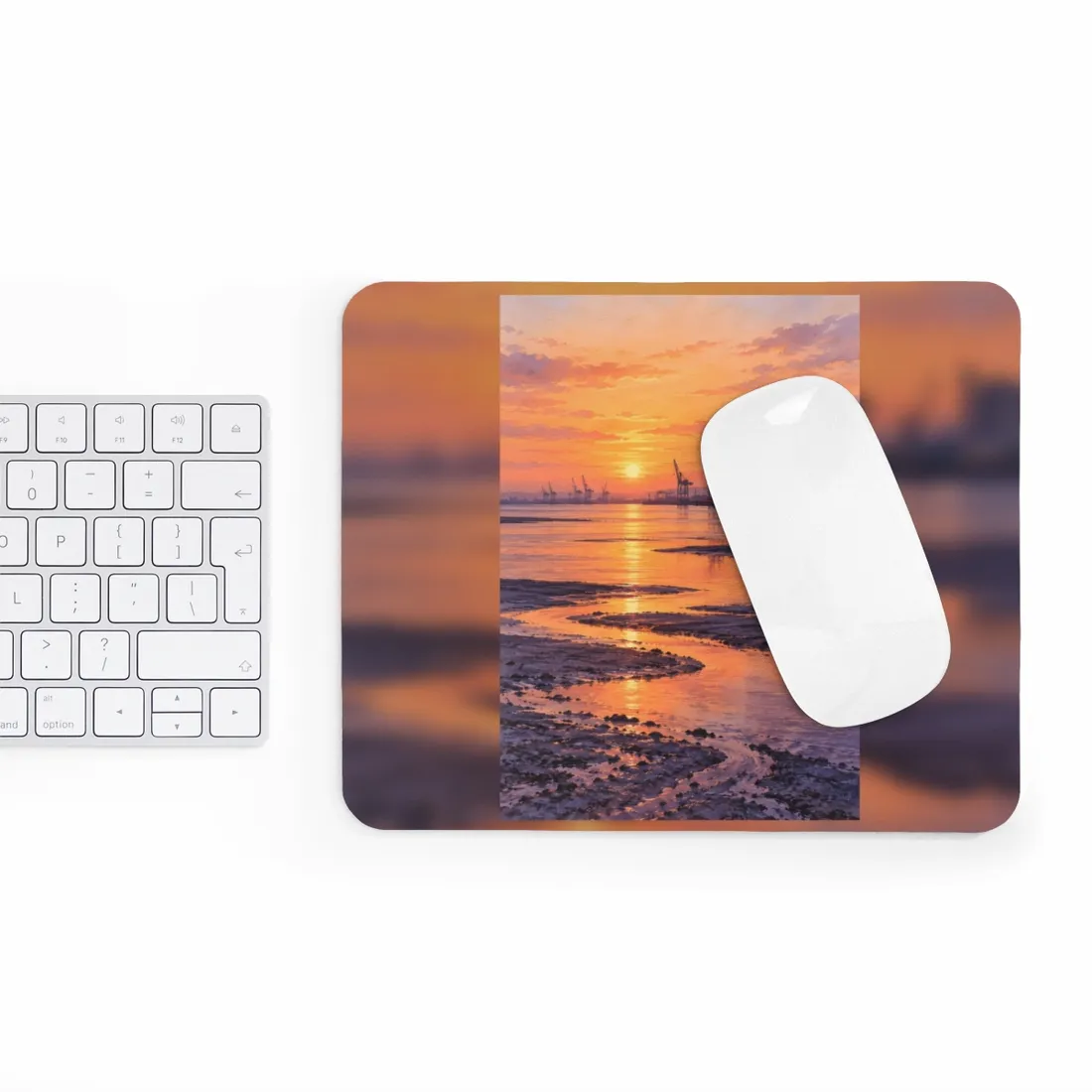 Harbor cranes and silos silhouetted against an orange sunset over reflective tidal flats and winding wate – Mouse Pad, view 3