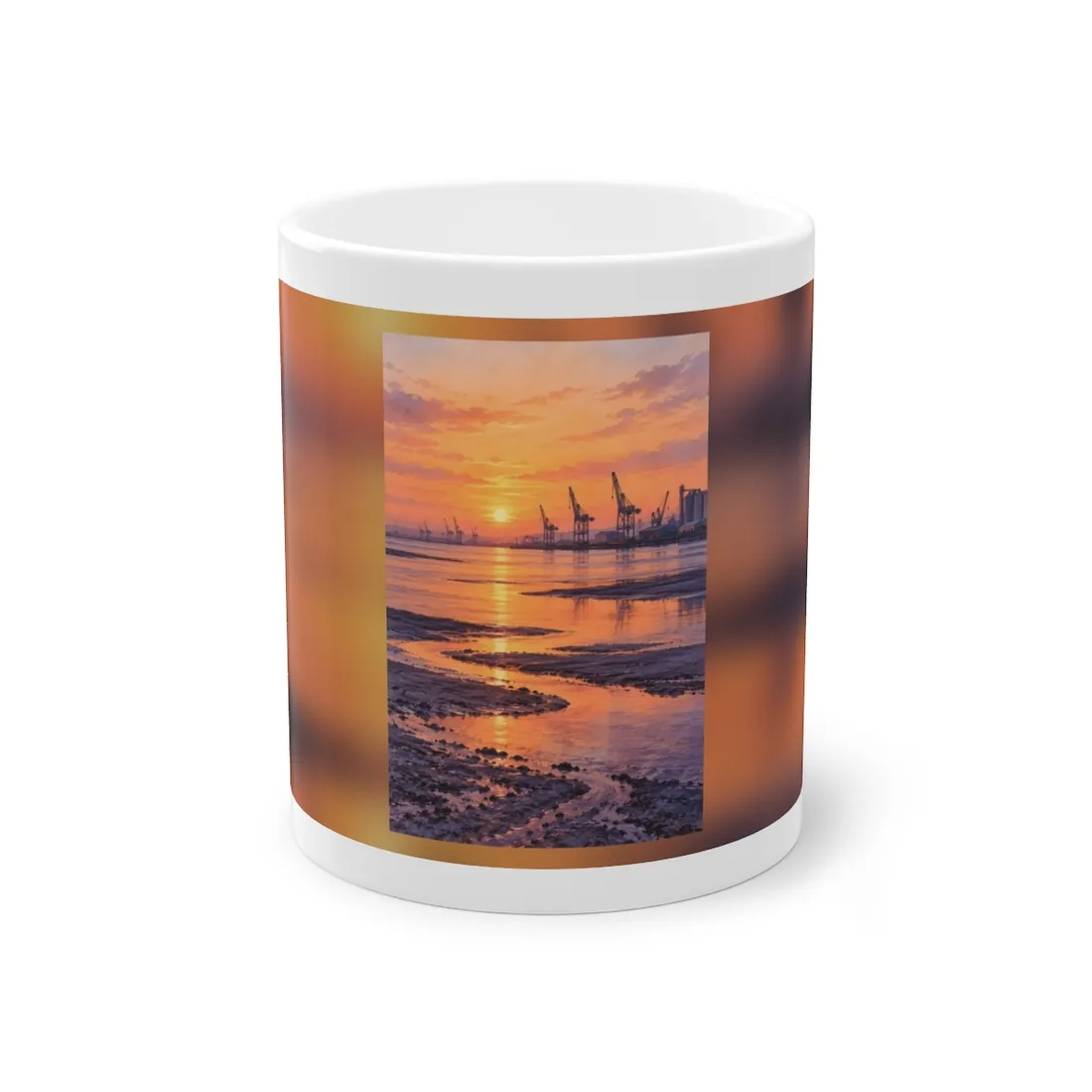 Harbor cranes and silos silhouetted against an orange sunset over reflective tidal flats and winding water chan – Mug, view 1