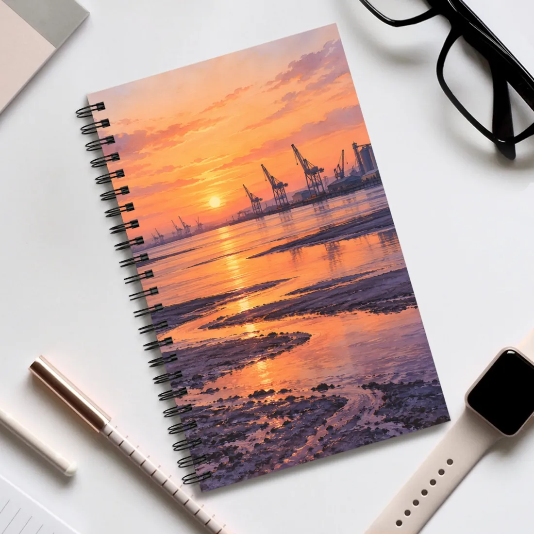 Harbor cranes and silos silhouetted against an orange sunset over reflective tidal flats and windin – Spiral Notebook, view 2