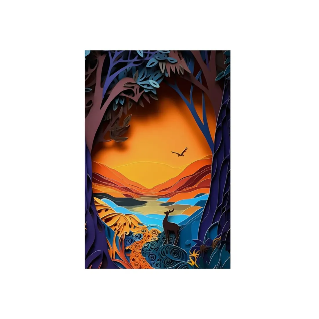 Sunset Forest Lake: Deer Silhouette Paper Quilling Scene - Metal Poster
