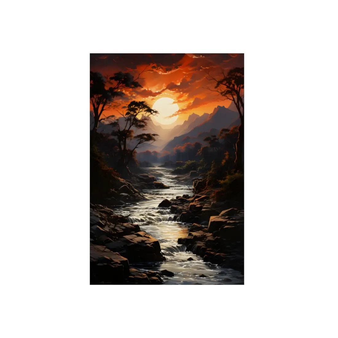 Sunset Mountain River: Golden Cascade Landscape - Metal Poster