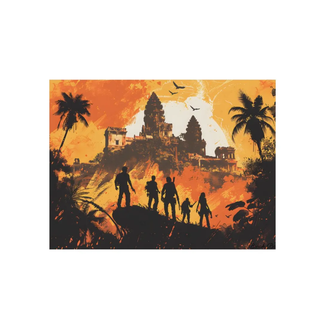 Sunset Temple Expedition: Explorers Approach Ancient Ruins - Metal Poster