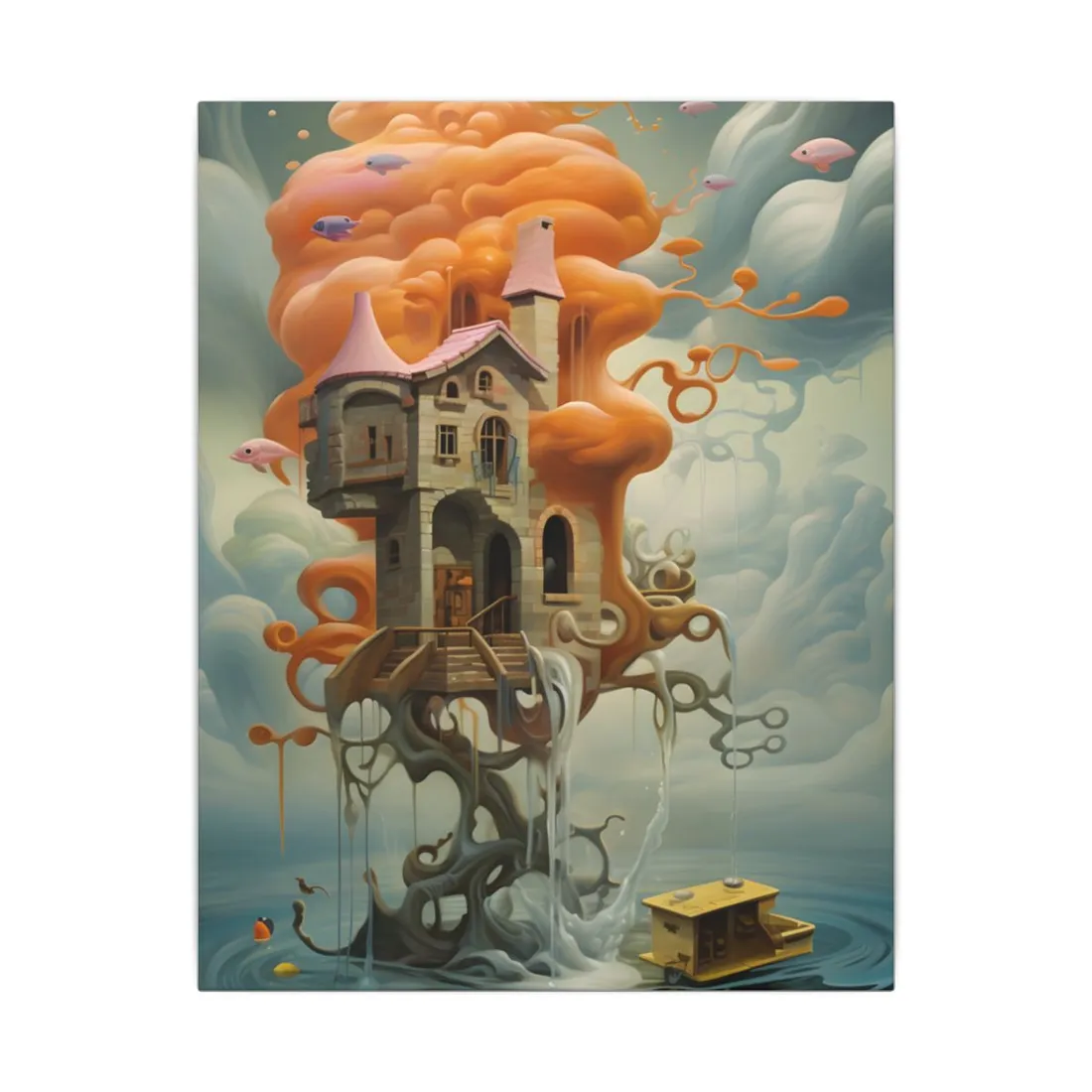Surreal Dreamscape: Orange Mushroom in Psychedelic Landscape - Canvas