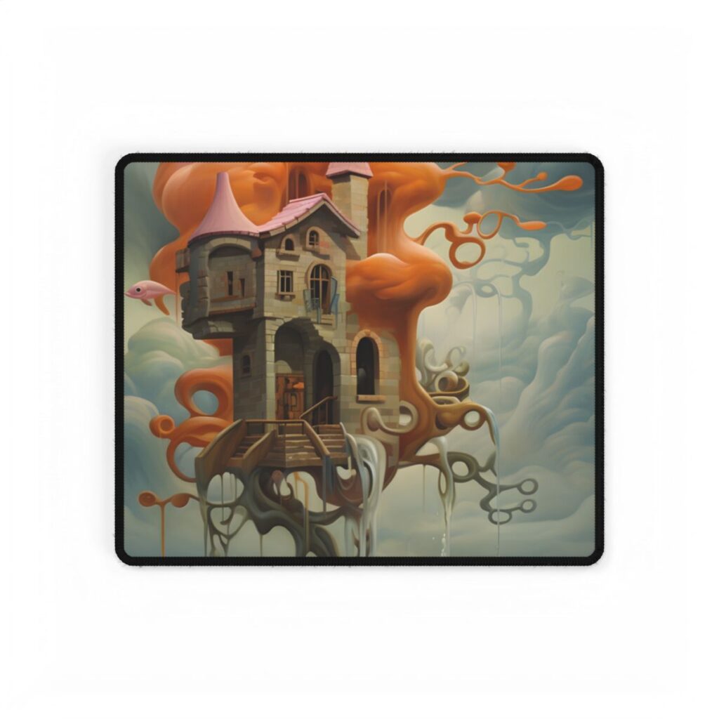 Surreal Dreamscape: Orange Mushroom in Psychedelic Landscape - Desk Mat