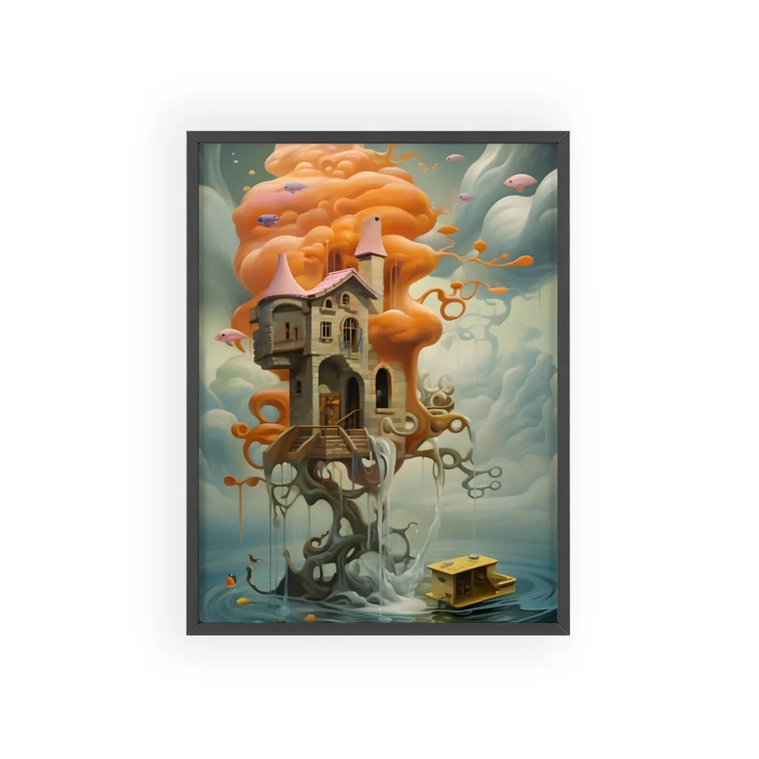 Surreal Dreamscape: Orange Mushroom in Psychedelic Landscape - Framed Poster