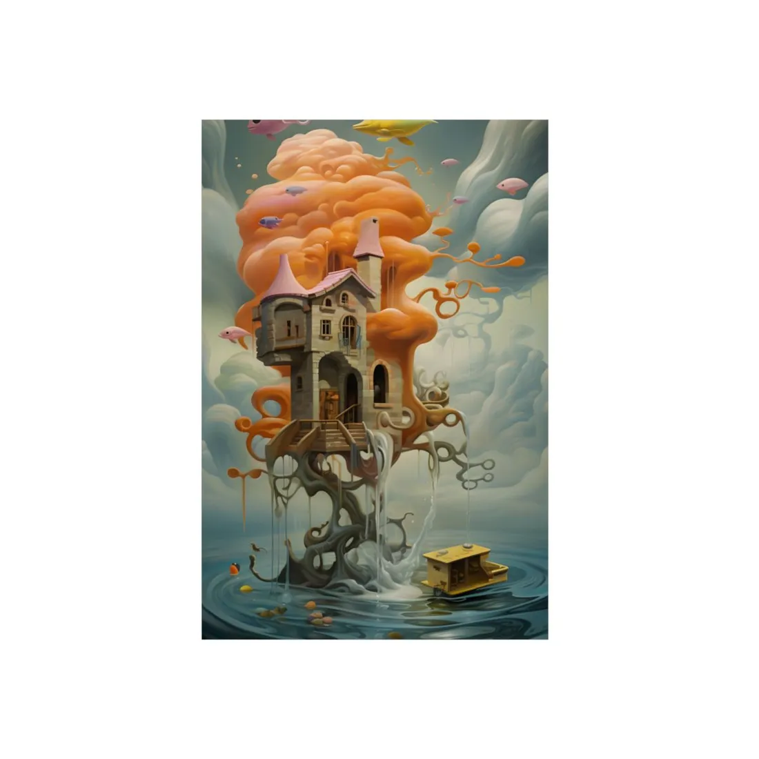 Surreal Dreamscape: Orange Mushroom in Psychedelic Landscape - Metal Poster