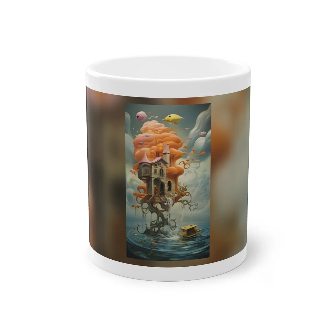 Surreal Dreamscape: Orange Mushroom in Psychedelic Landscape - Mug