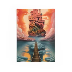 Pink Castle on Wooden Bridge Wall Tapestry