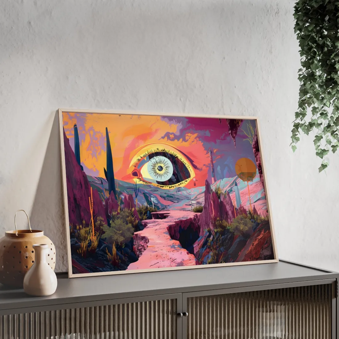 Surreal Eye: Vibrant Landscape Digital Art - Framed Poster