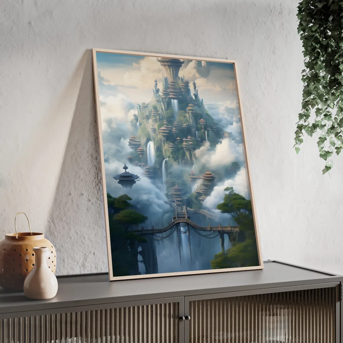 Surreal Floating City: Celestial Fantasy Realm - Framed Poster