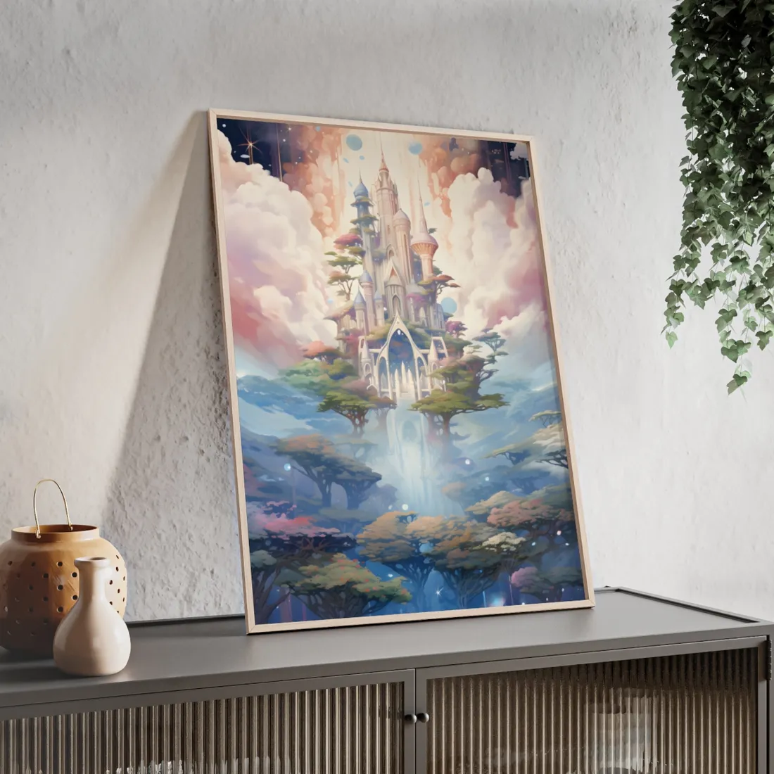 Surreal Floating City in Celestial Fantasy: A Dreamlike - Framed Poster