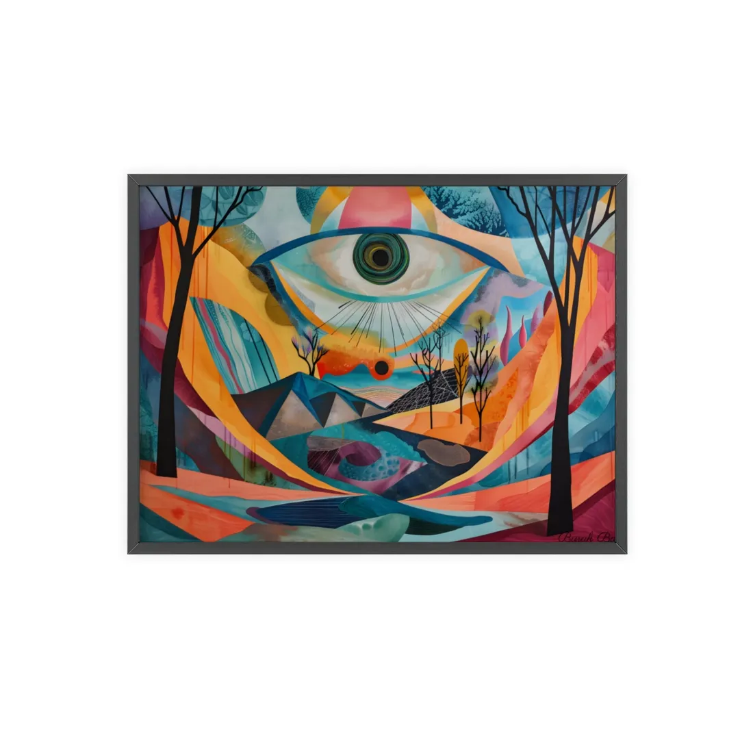 Surreal Landscape: Earthy Eye in Blue Hues - Framed Poster