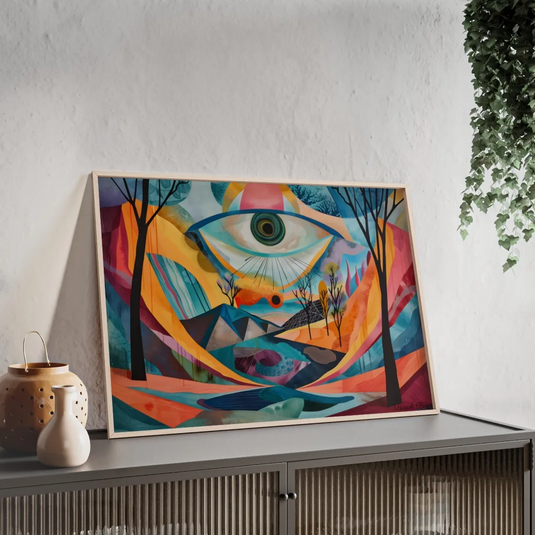 Surreal Landscape: Earthy Eye in Blue Hues - Framed Poster