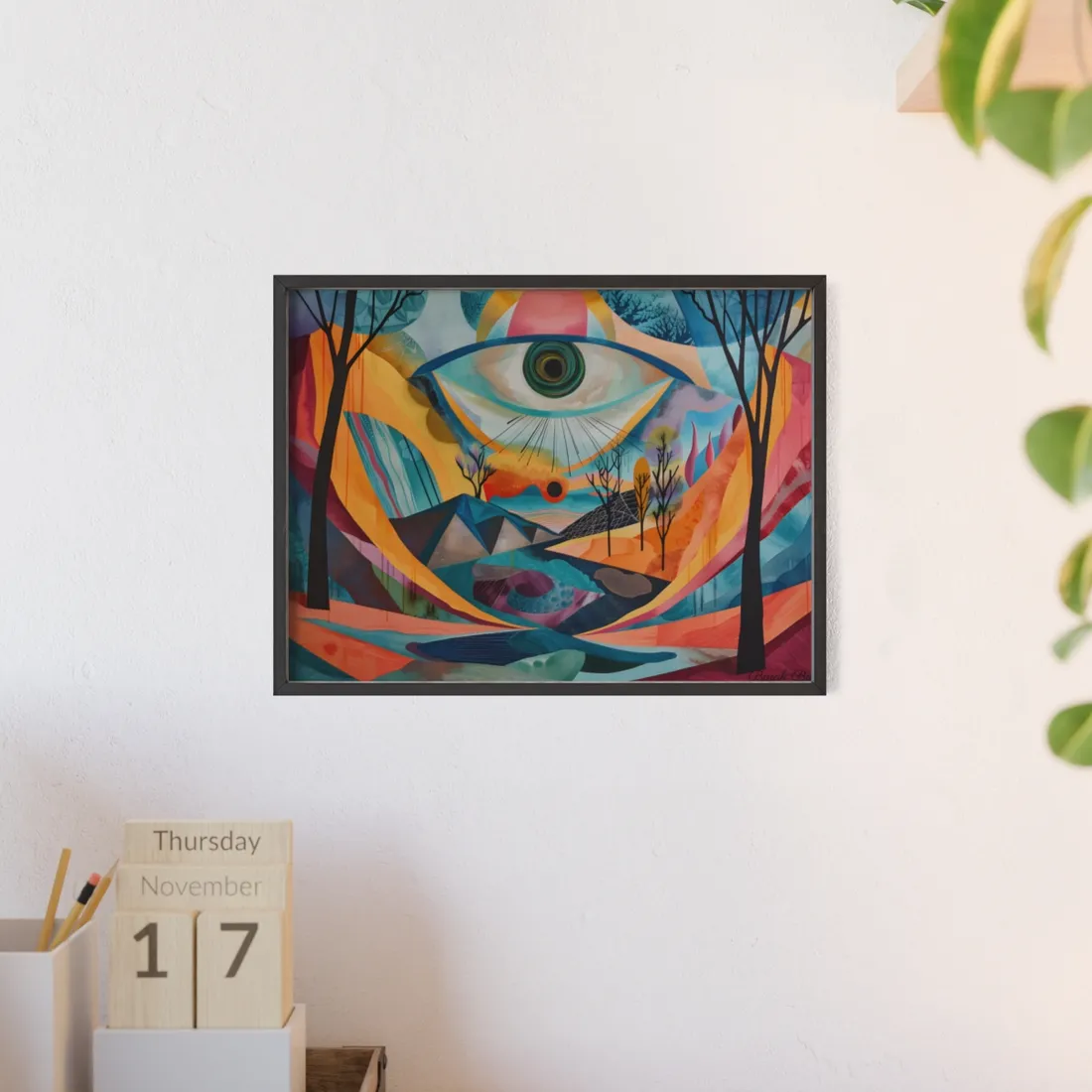 Surreal Landscape: Earthy Eye in Blue Hues - Framed Poster