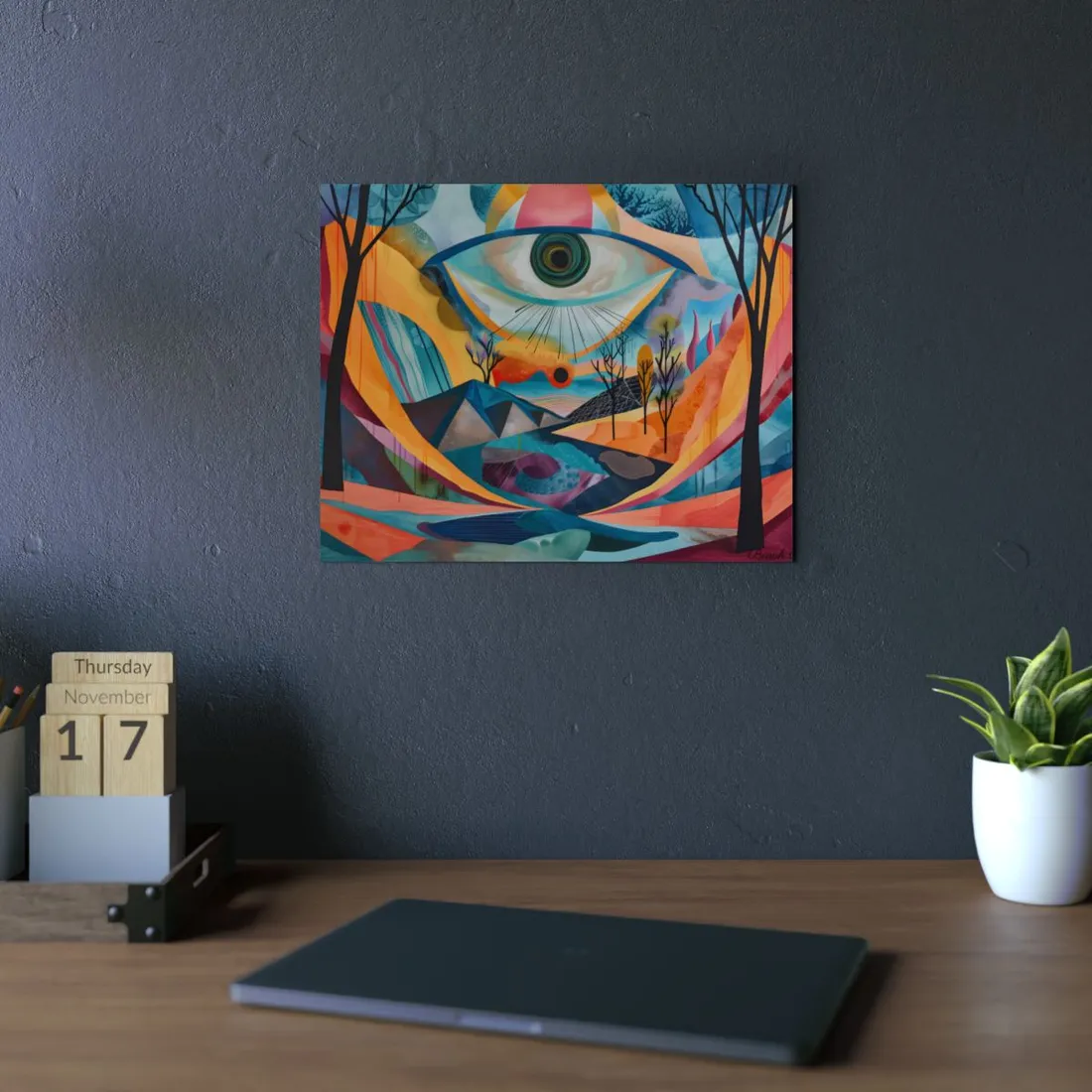 Surreal Landscape: Earthy Eye in Blue Hues - Metal Poster