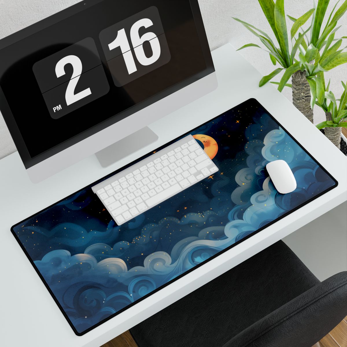 Surreal Night Sky Dreamscape: Whimsical Stars and Clouds Art - Desk Mat