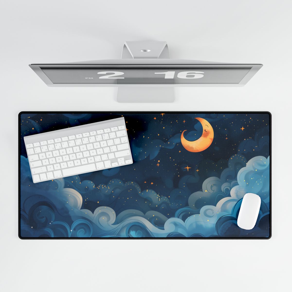 Surreal Night Sky Dreamscape: Whimsical Stars and Clouds Art - Desk Mat