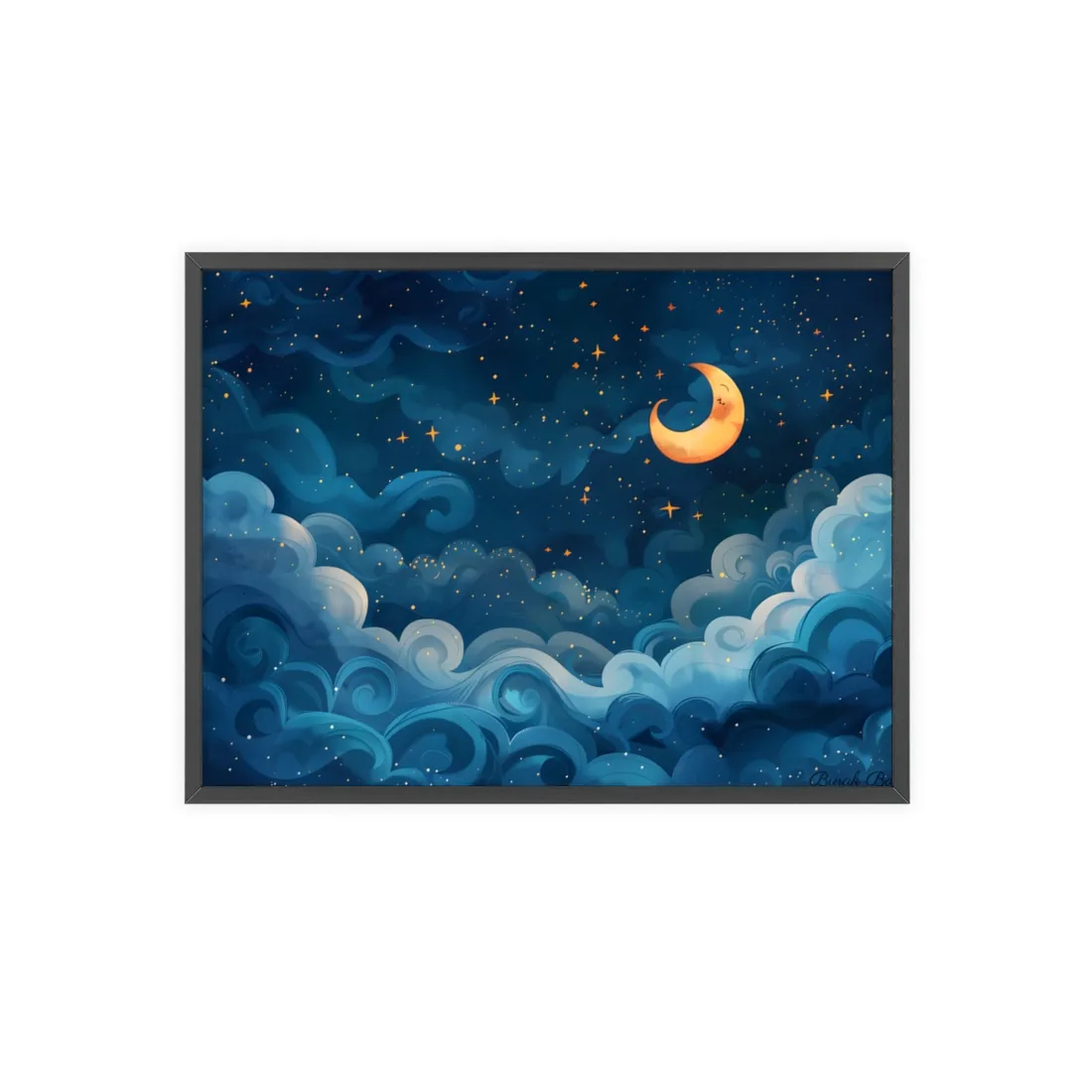 Surreal Night Sky Dreamscape: Whimsical Stars and Clouds Art - Framed Poster