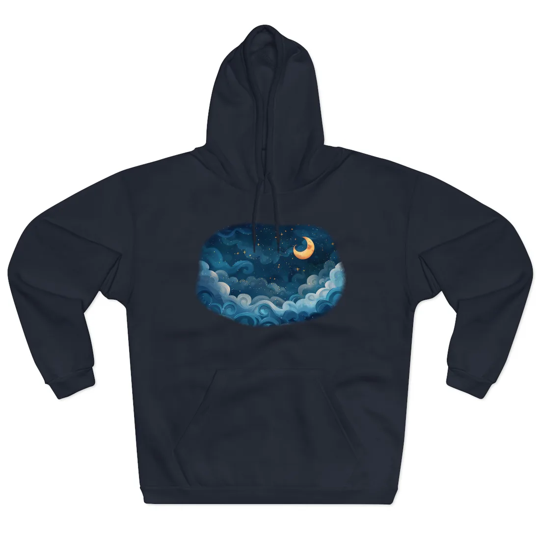 Surreal Night Sky Dreamscape: Whimsical Stars and Clouds Art - Hoodie (Navy)