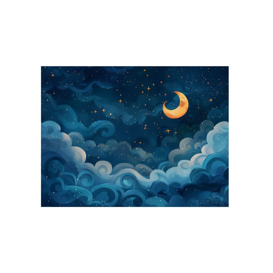 Surreal Night Sky Dreamscape: Whimsical Stars and Clouds Art - Metal Poster