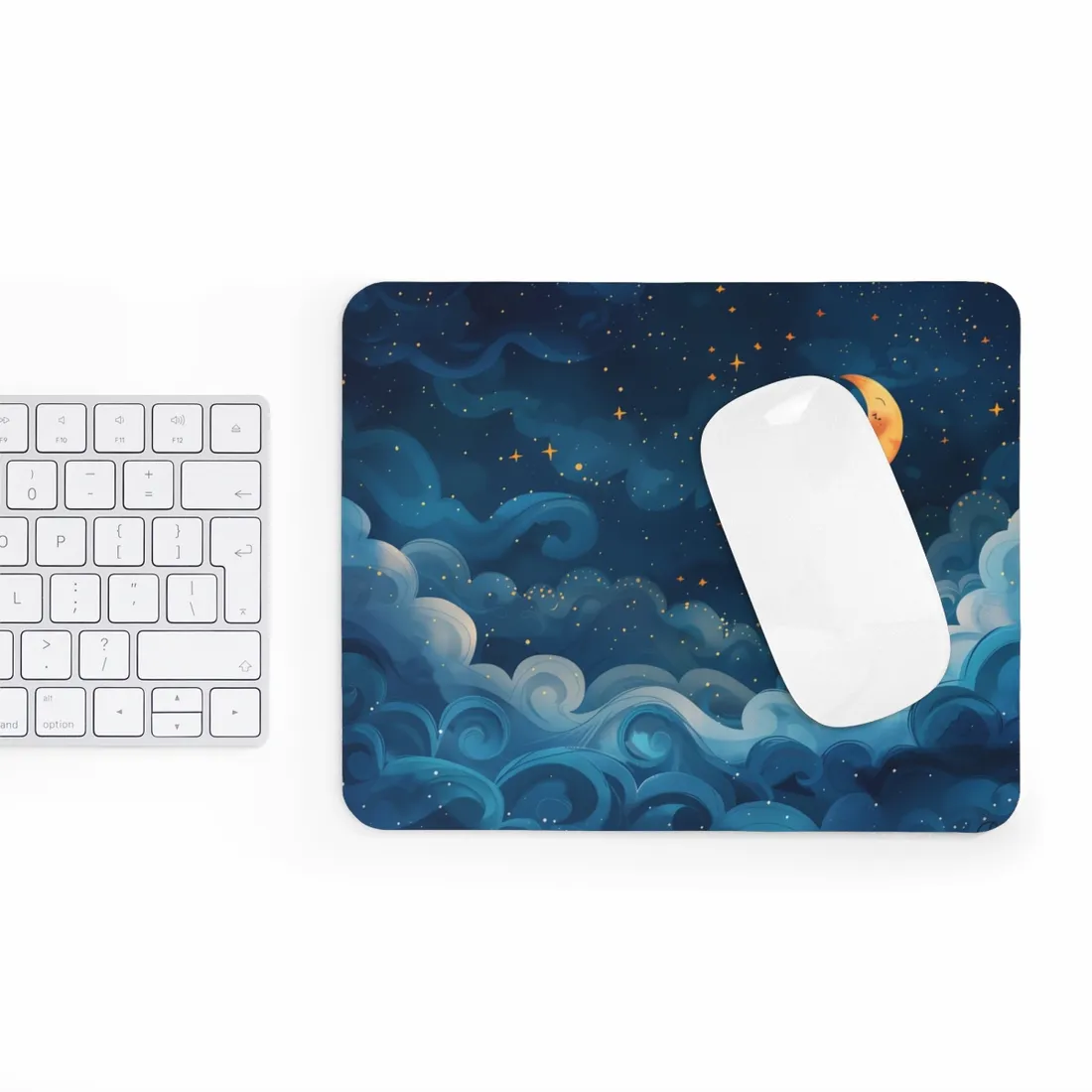 Surreal Night Sky Dreamscape: Whimsical Stars and Clouds Art - Mouse Pad