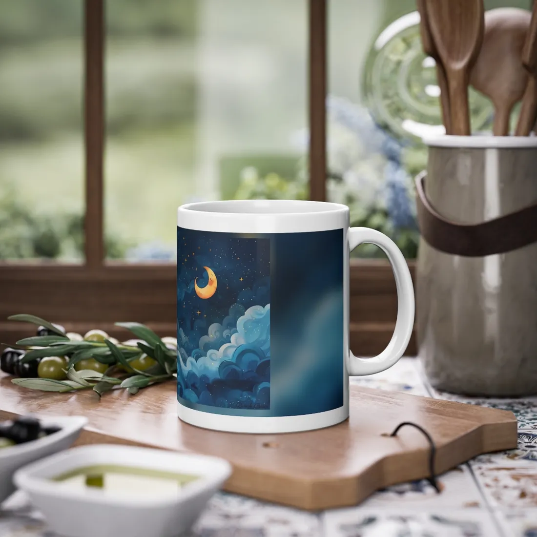 Surreal Night Sky Dreamscape: Whimsical Stars and Clouds Art - Mug