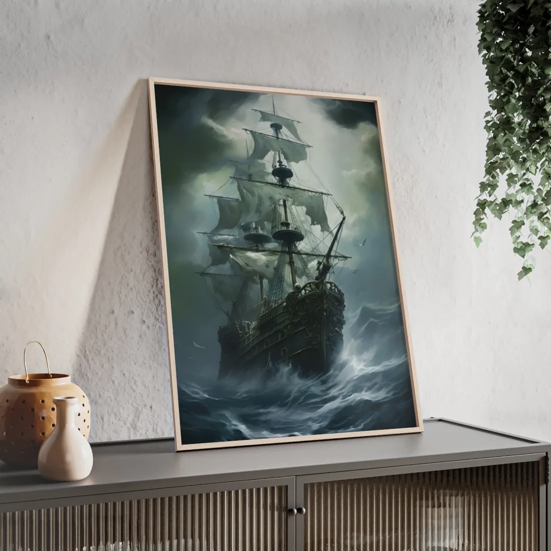 Surreal Pirate Ghost Ship Sailing Ocean - Framed Poster