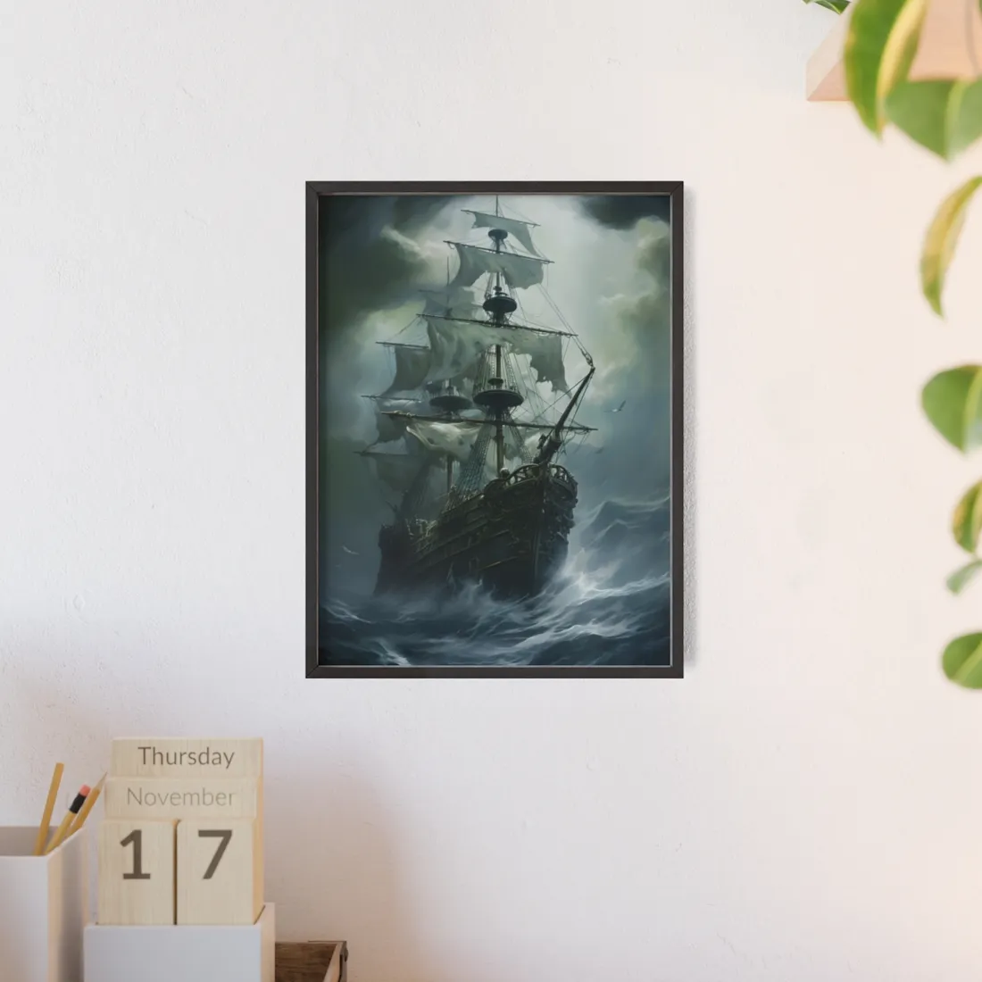 Surreal Pirate Ghost Ship Sailing Ocean - Framed Poster