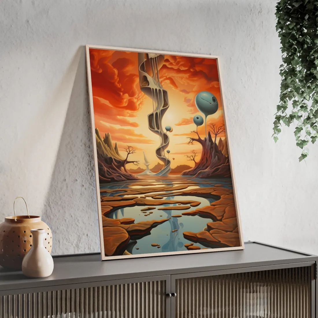 Surreal desert sunset with melting white tower, floating blue orbs, cracked orange ground – Framed Poster, view 2