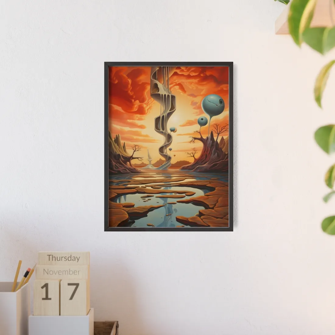 Surreal desert sunset with melting white tower, floating blue orbs, cracked orange ground – Framed Poster, view 3