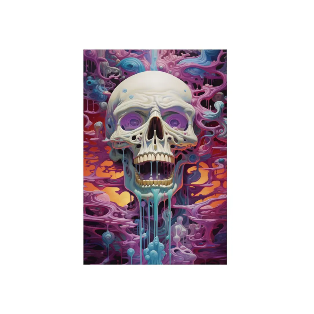 Surreal Skull Portrait: Melting Colors in Vivid Purple Tones - Metal Poster