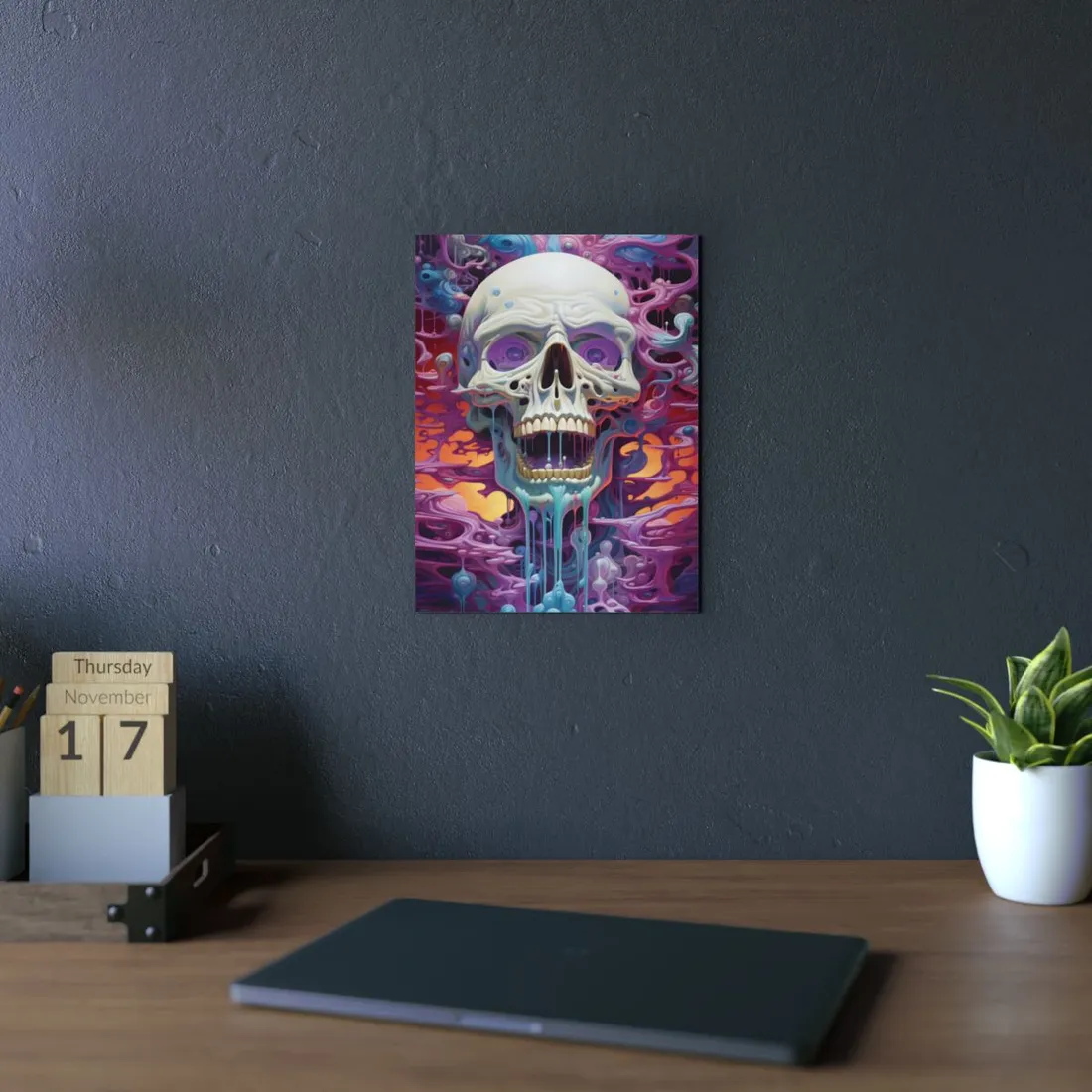 Surreal Skull Portrait: Melting Colors in Vivid Purple Tones - Metal Poster