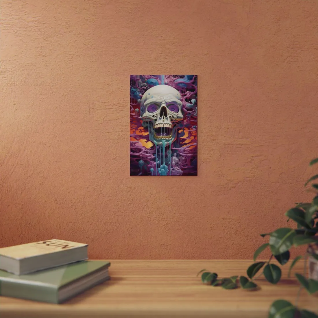 Surreal Skull Portrait: Melting Colors in Vivid Purple Tones - Metal Poster