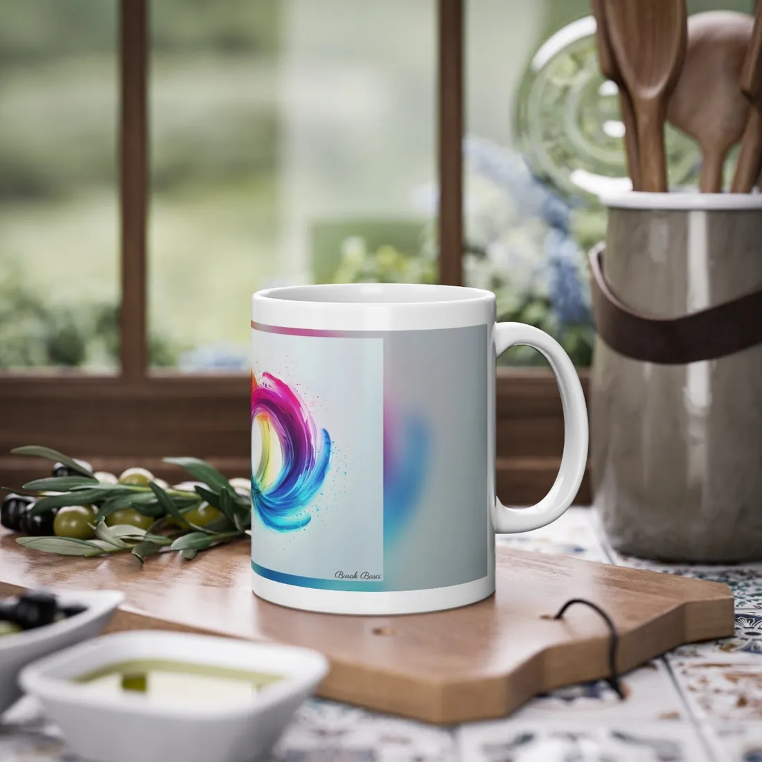 Swirling Colors: Gradient Artwork with Red, Blue, and Yellow Circles - Mug