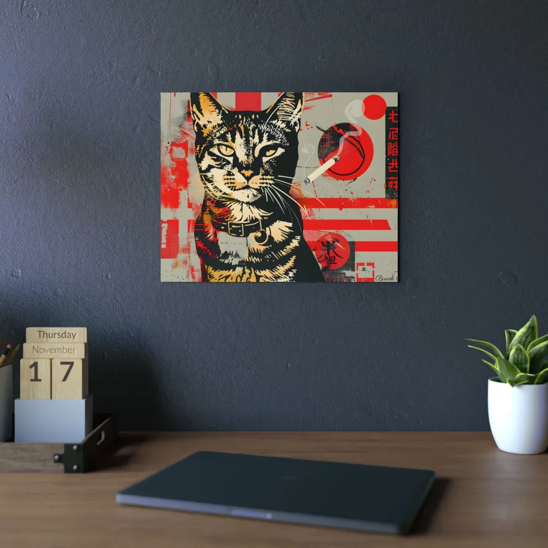Tabby Cat with Cigarette: Quirky Pet Portrait - Metal Poster