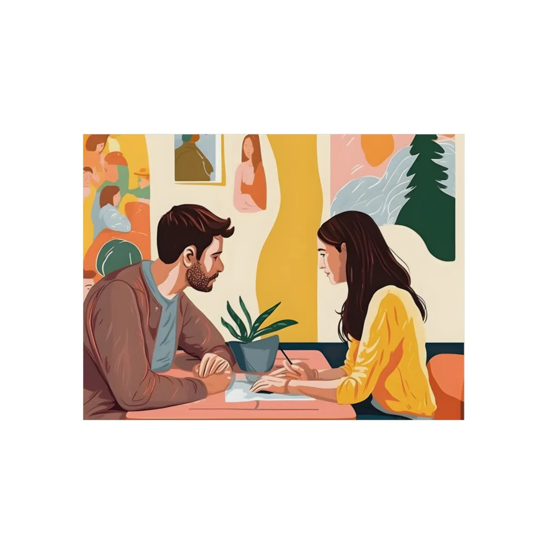 Table Conversation: Flat Illustration of Two People - Metal Poster