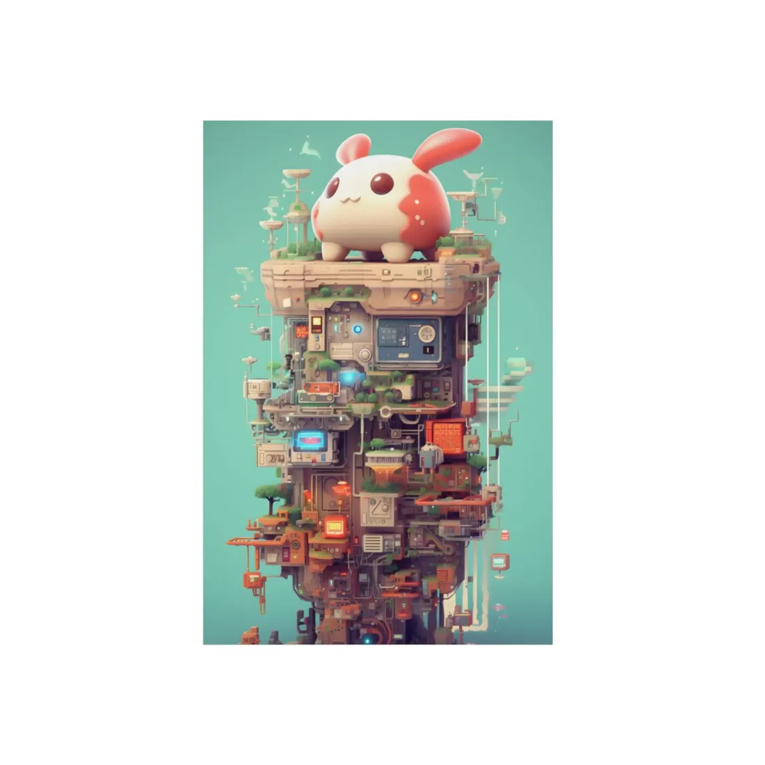 Teal Sky Tower: Pixel Art Floating Machine Stack - Metal Poster