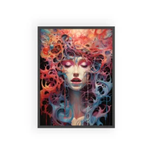 Woman Surrounded by Swirling Shapes Framed Poster