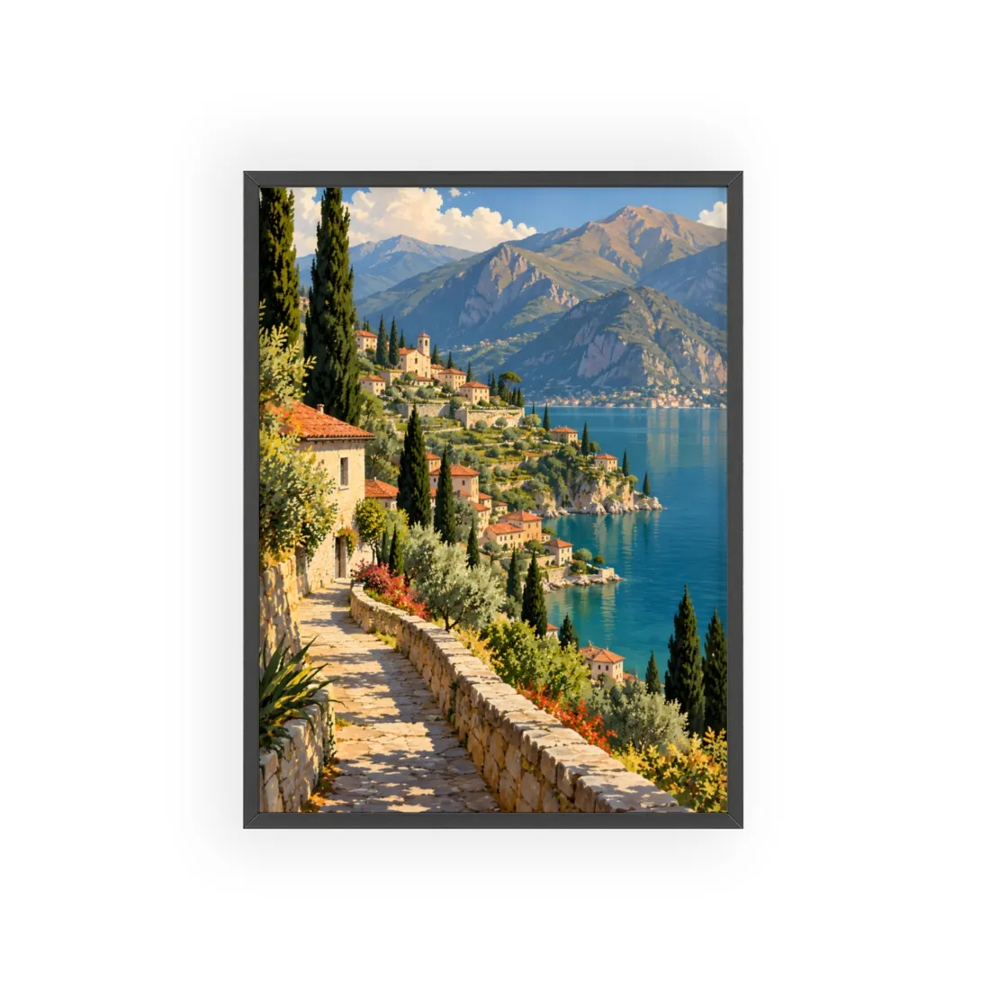 Painted stone path beside cypress trees leading to a hillside village overlooking a blue sea and moun – Framed Poster, view 1