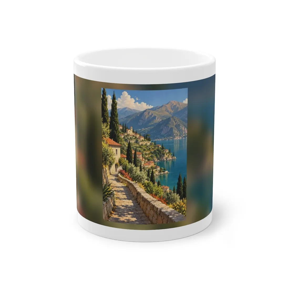 Painted stone path beside cypress trees leading to a hillside village overlooking a blue sea and mountains – Mug, view 1